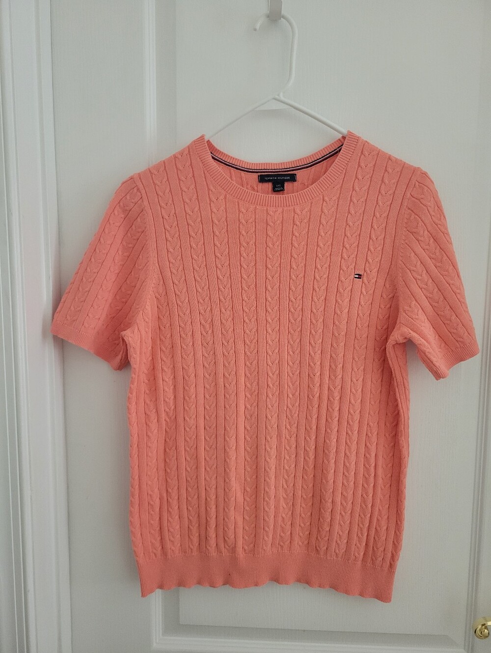 Tommy Hilfiger Short Sleeve Cable Knit Sweater Women Size L Peach Coral Preppy
